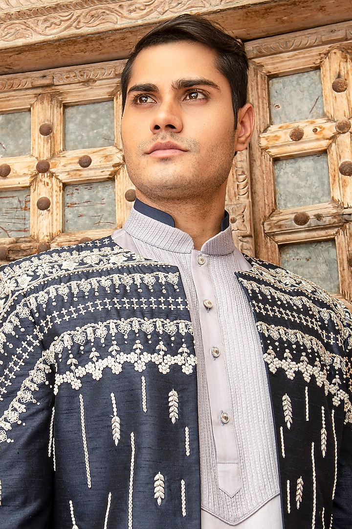 Navy Blue Raw Silk & Modal Satin Zari Embroidered Jacket Set by Abkasa at Pernia's Pop Up Shop