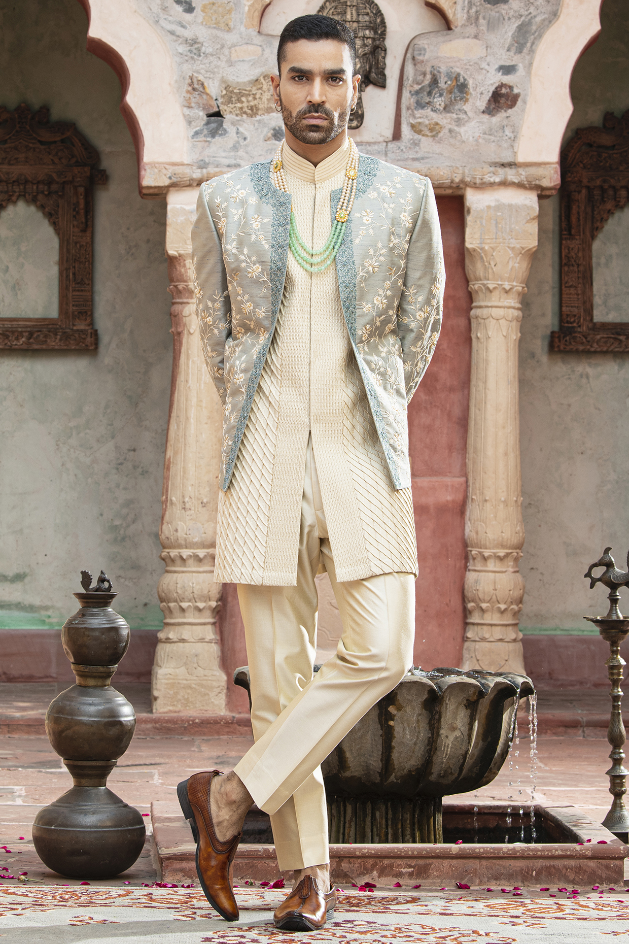 Light Blue Raw Silk & Katan Silk Aari Embroidered Bandhgala Set by Abkasa