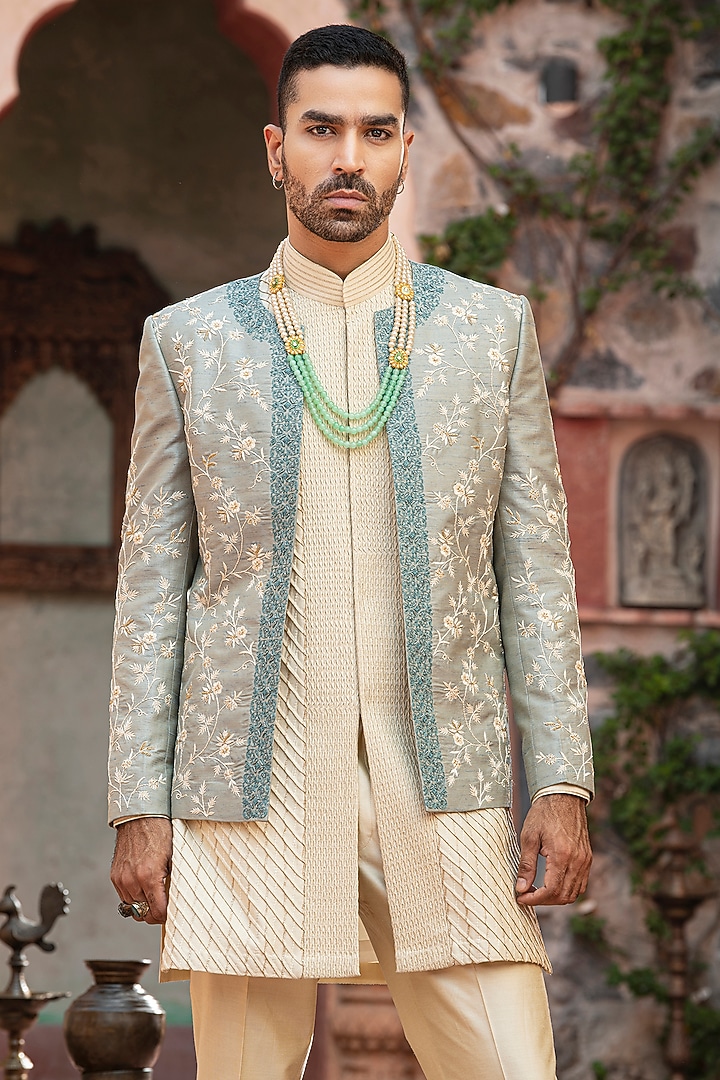 Light Blue Raw Silk & Katan Silk Aari Embroidered Wedding Bandhgala Set by Abkasa at Pernia's Pop Up Shop