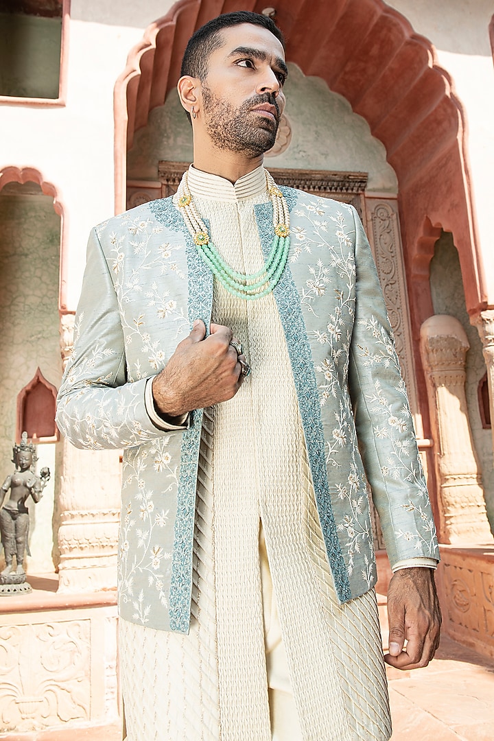 Light Blue Raw Silk & Katan Silk Aari Embroidered Wedding Bandhgala Set by Abkasa at Pernia's Pop Up Shop