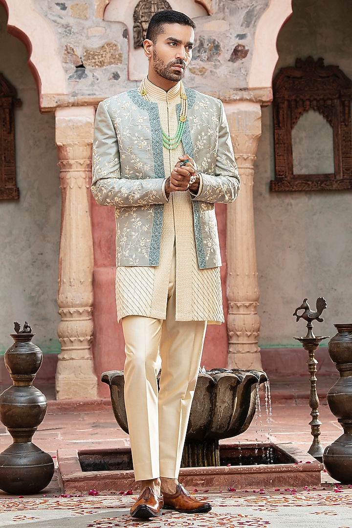 Light Blue Raw Silk & Katan Silk Aari Embroidered Wedding Bandhgala Set by Abkasa at Pernia's Pop Up Shop