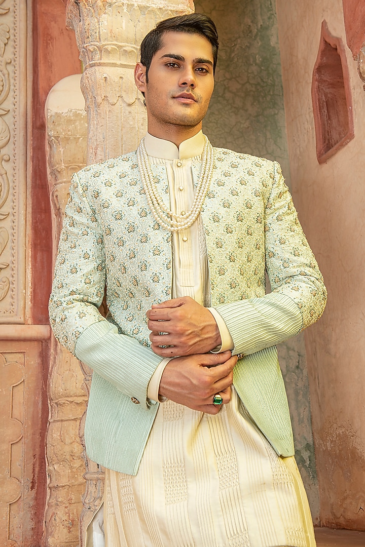 Pista Green Raw Silk & Katan Silk Aari Embroidered Bandhgala Set by Abkasa