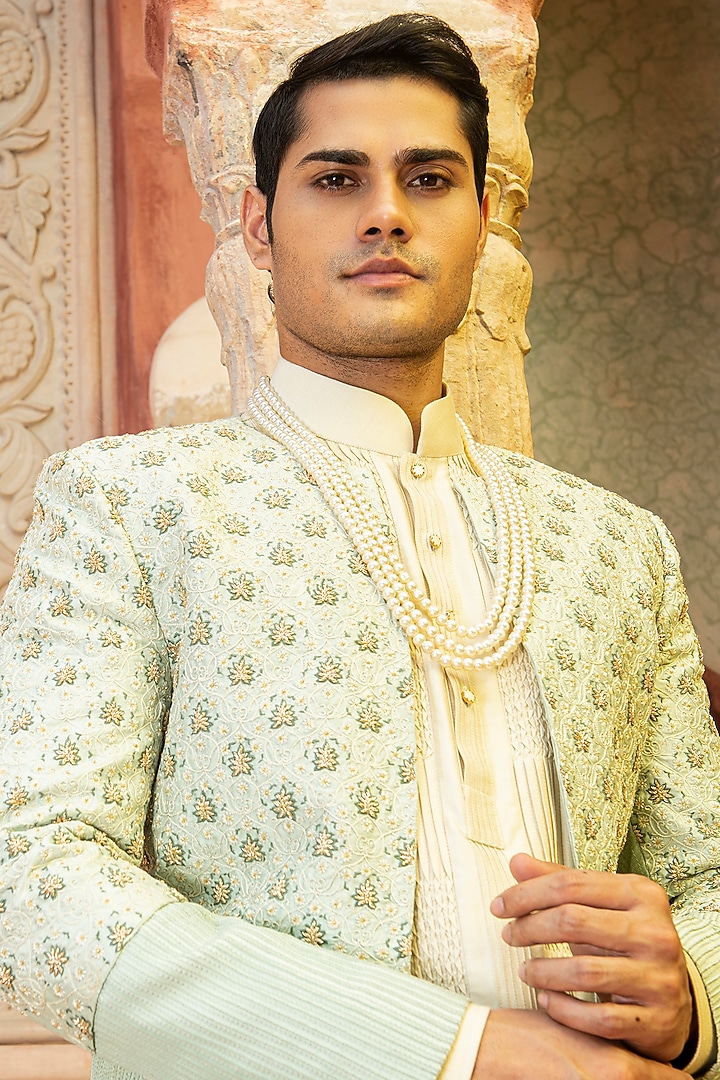 Pista Green Raw Silk & Katan Silk Aari Embroidered Wedding Bandhgala Set by Abkasa at Pernia's Pop Up Shop