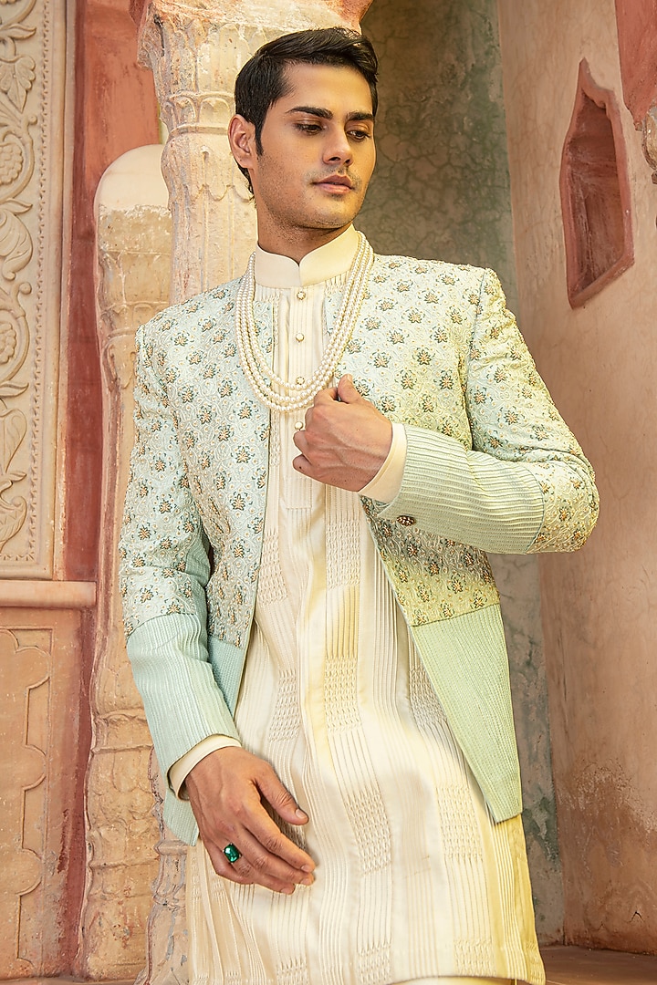 Pista Green Raw Silk & Katan Silk Aari Embroidered Wedding Bandhgala Set by Abkasa at Pernia's Pop Up Shop