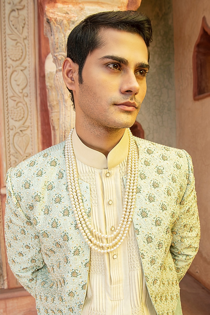 Pista Green Raw Silk & Katan Silk Aari Embroidered Wedding Bandhgala Set by Abkasa at Pernia's Pop Up Shop