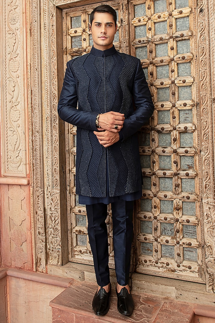 Navy Blue Raw Silk Aari Embroidered Wedding Indowestern Set by Abkasa at Pernia's Pop Up Shop
