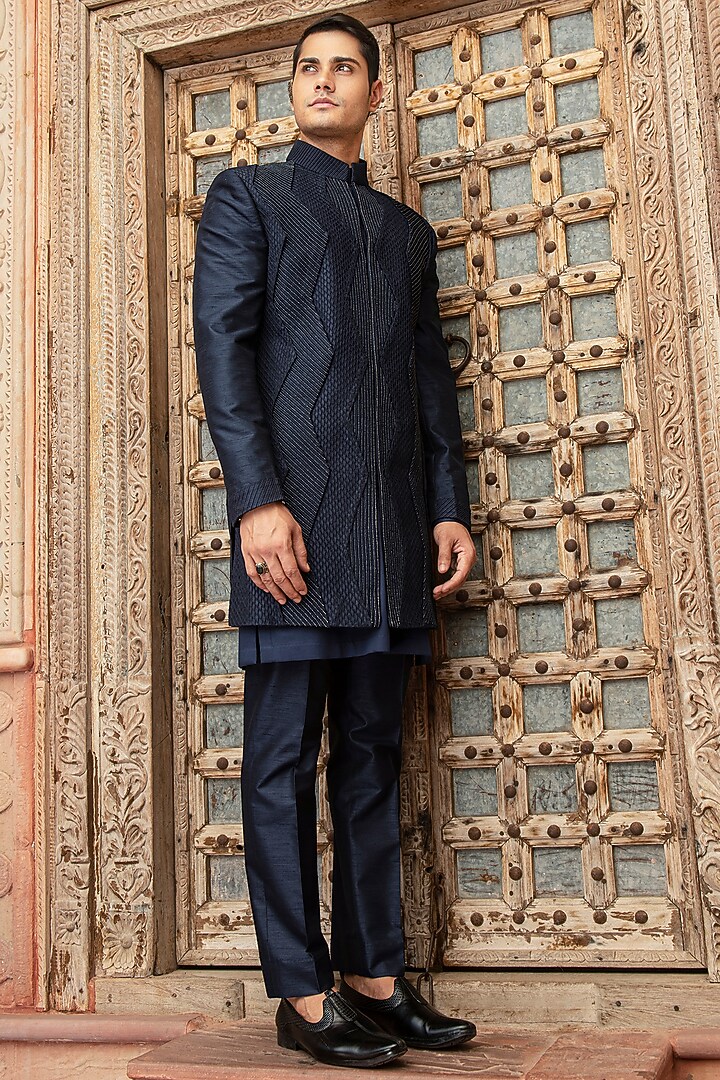 Navy Blue Raw Silk Aari Embroidered Wedding Indowestern Set by Abkasa at Pernia's Pop Up Shop