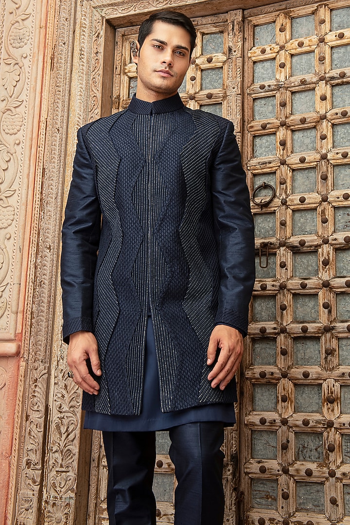 Navy Blue Raw Silk Aari Embroidered Wedding Indowestern Set by Abkasa at Pernia's Pop Up Shop
