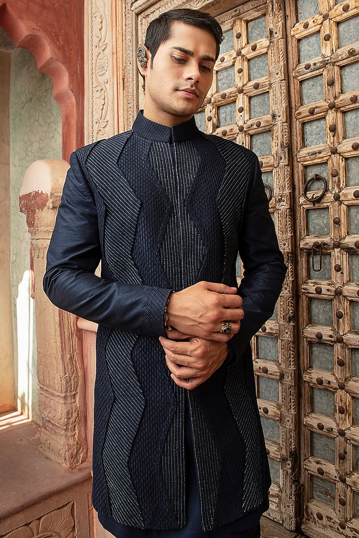 Navy Blue Raw Silk Aari Embroidered Wedding Indowestern Set by Abkasa at Pernia's Pop Up Shop