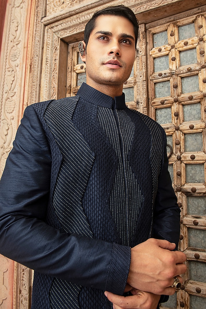 Navy Blue Raw Silk Aari Embroidered Wedding Indowestern Set by Abkasa at Pernia's Pop Up Shop