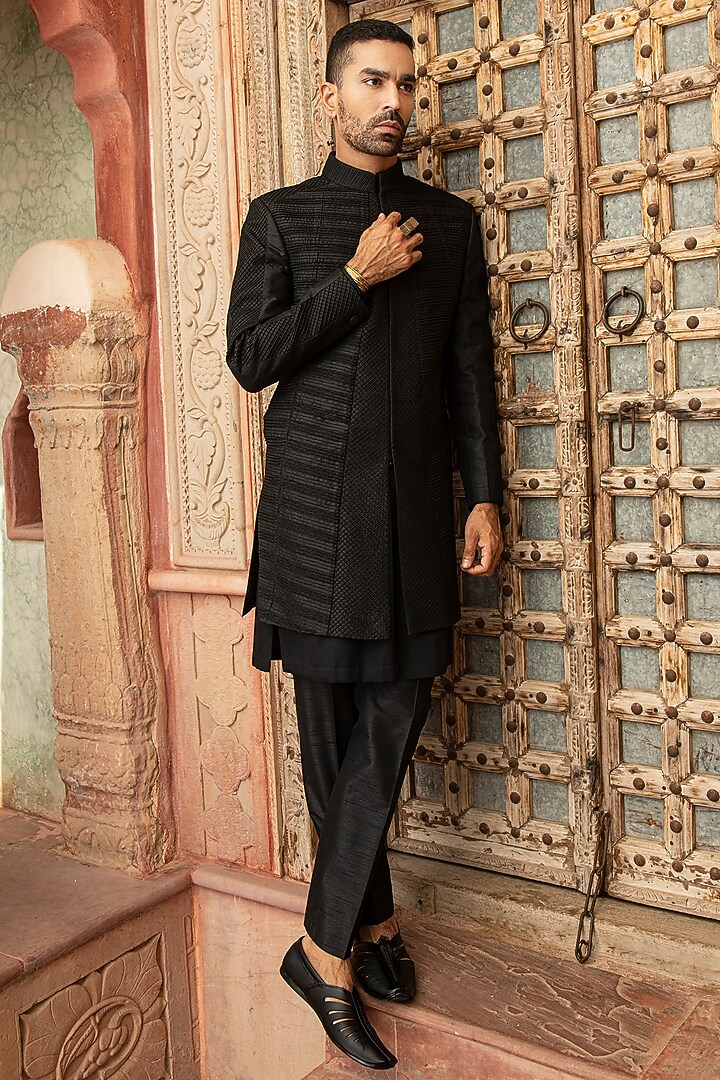 Black Raw Silk Aari Embroidered Wedding Indowestern Set by Abkasa at Pernia's Pop Up Shop