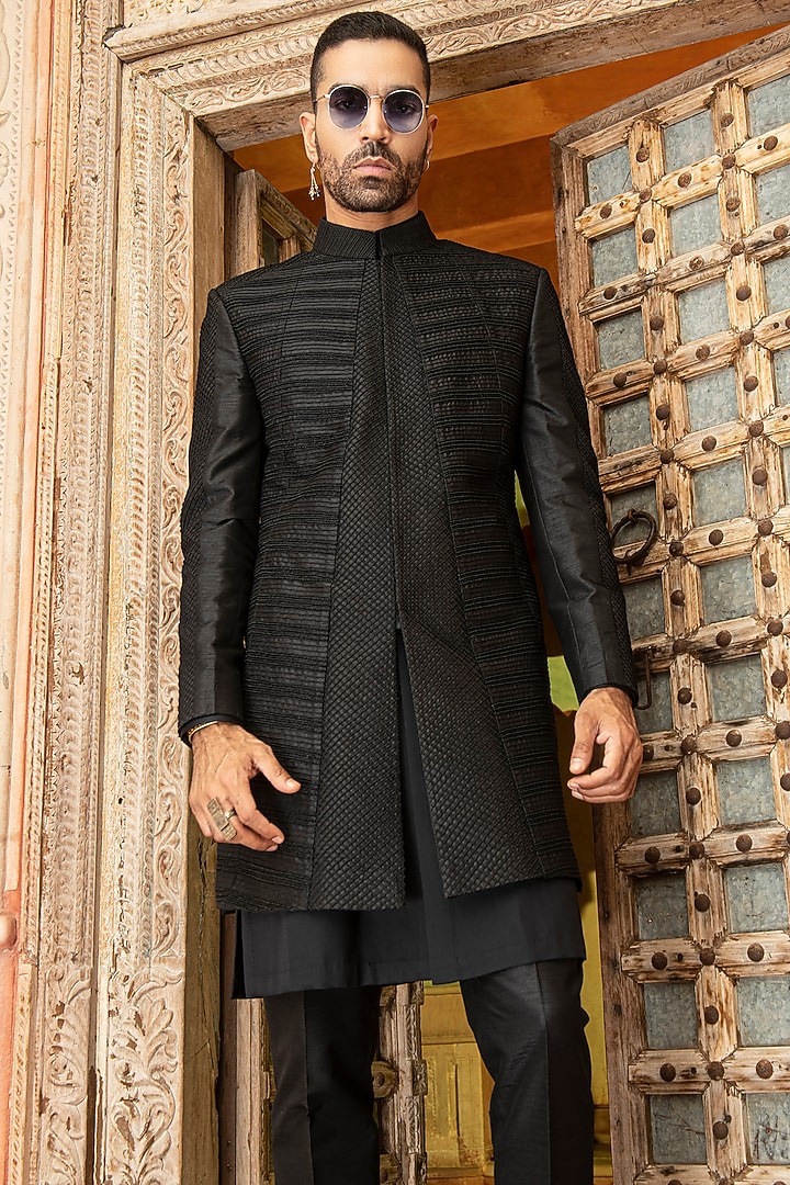 Black Raw Silk Aari Embroidered Wedding Indowestern Set by Abkasa at Pernia's Pop Up Shop