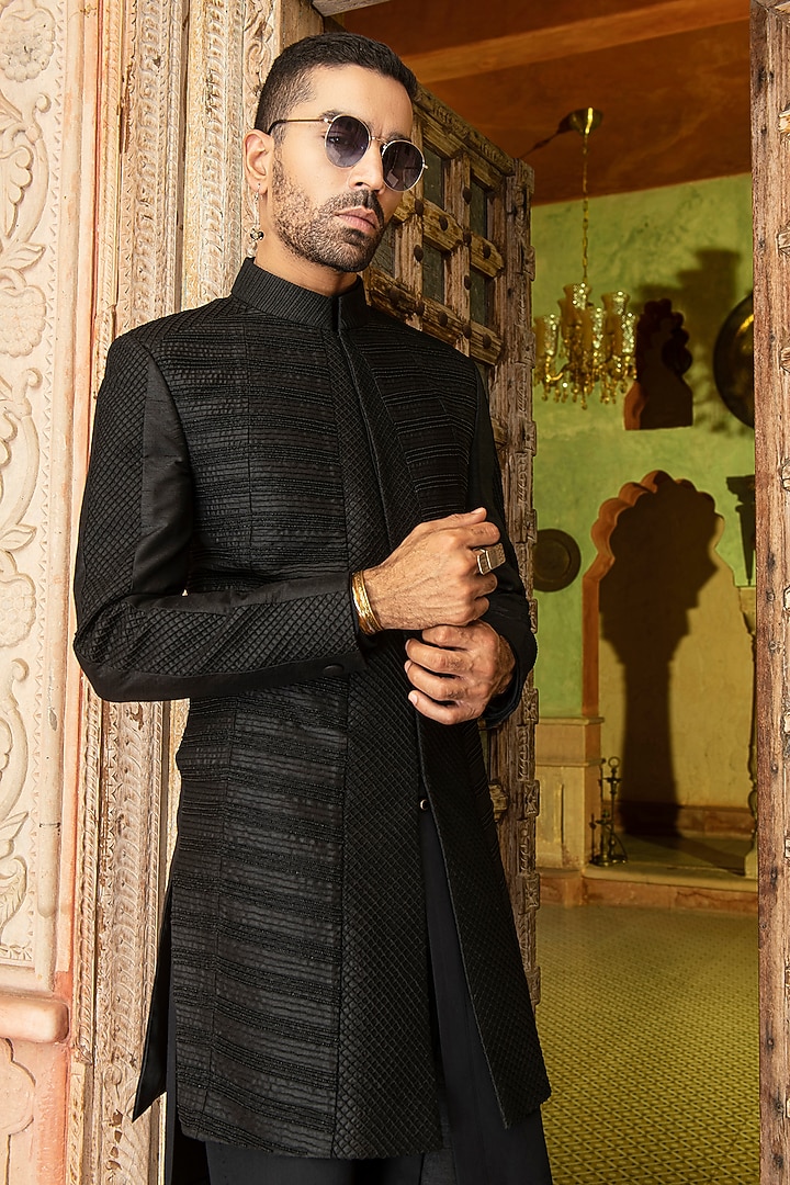 Black Raw Silk Aari Embroidered Wedding Indowestern Set by Abkasa at Pernia's Pop Up Shop