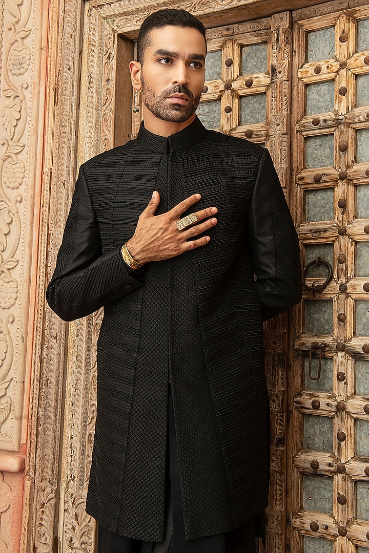 Black Raw Silk Aari Embroidered Wedding Indowestern Set by Abkasa at Pernia's Pop Up Shop