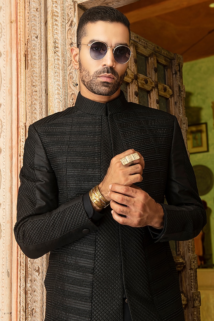 Black Raw Silk Aari Embroidered Wedding Indowestern Set by Abkasa at Pernia's Pop Up Shop