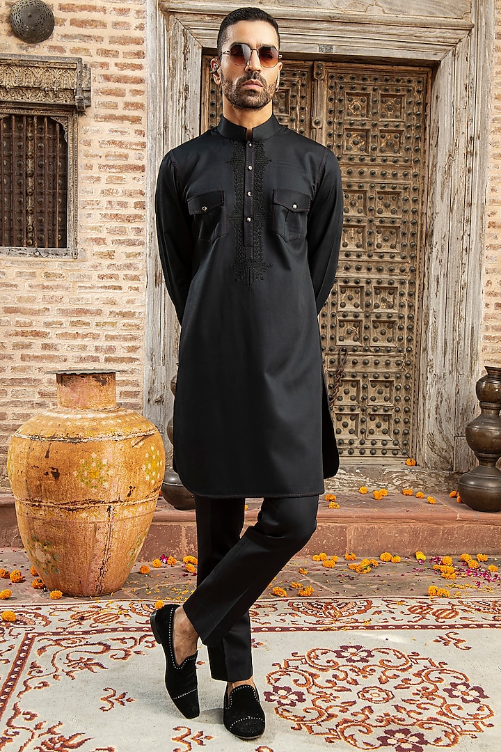 Black Modal Satin Bead Embroidered Kurta Set by Abkasa