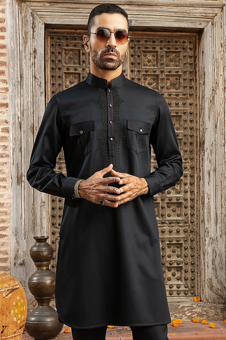 Black Modal Satin Bead Embroidered Kurta Set by Abkasa at Pernia's Pop Up Shop