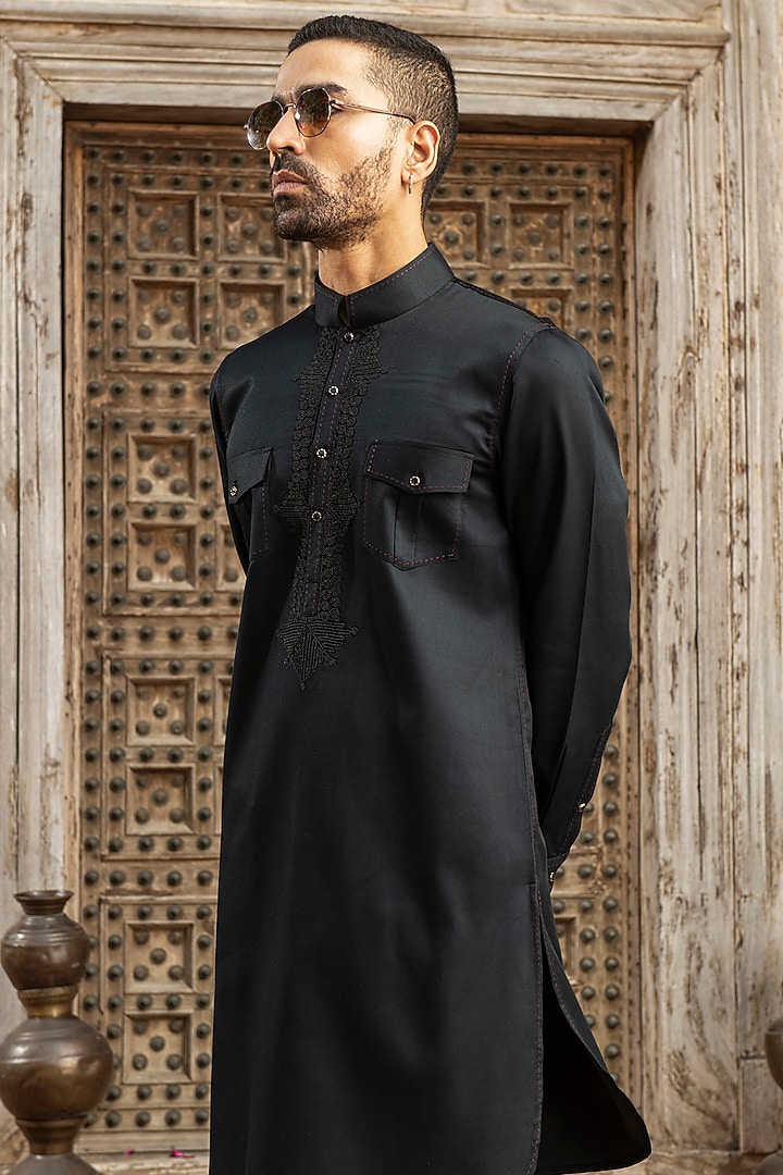 Black Modal Satin Bead Embroidered Kurta Set by Abkasa at Pernia's Pop Up Shop