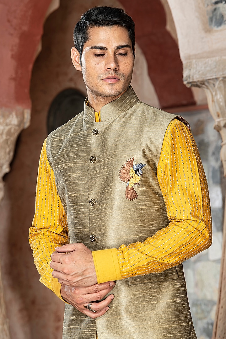 Gold Silk Dupion Zardosi Embroidered Nehru Jacket by Abkasa at Pernia's Pop Up Shop