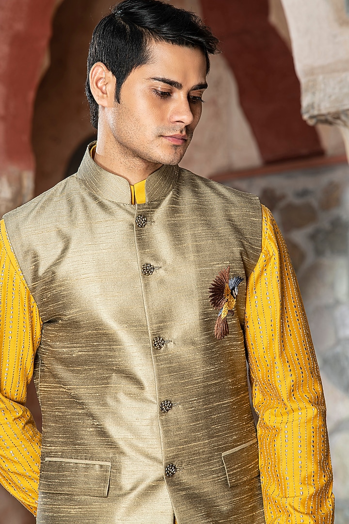 Gold Silk Dupion Zardosi Embroidered Nehru Jacket by Abkasa at Pernia's Pop Up Shop