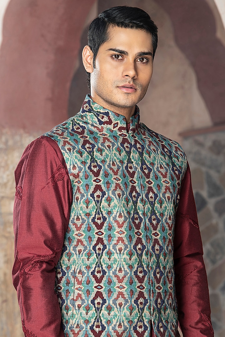 Multi-Colored Dupion Raw Silk Blend Printed & Bead Embroidered Nehru Jacket by Abkasa at Pernia's Pop Up Shop