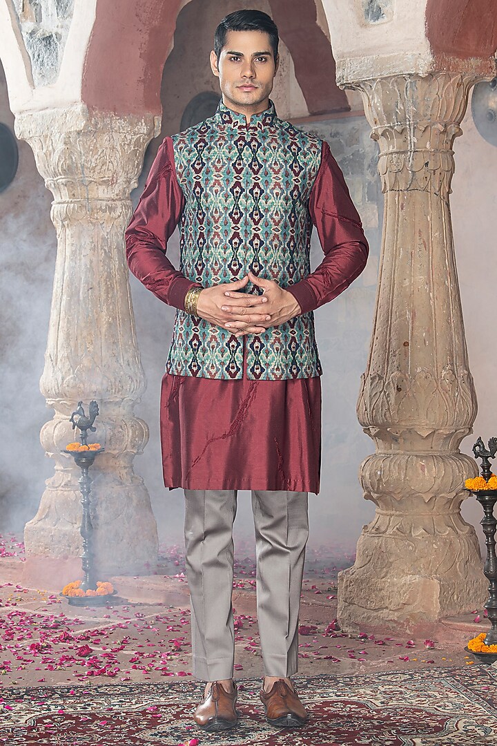 Multi-Colored Dupion Raw Silk Blend Printed & Bead Embroidered Nehru Jacket by Abkasa at Pernia's Pop Up Shop