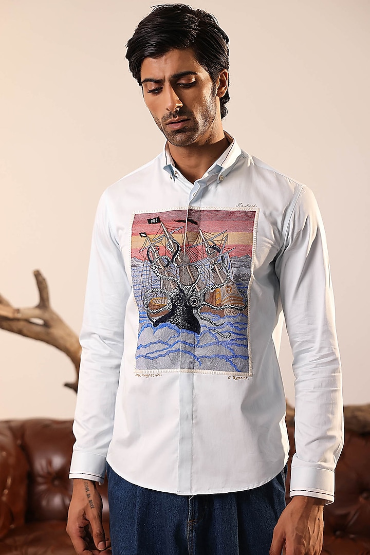 Powder Blue Cotton Embroidered Shirt by Abkasa