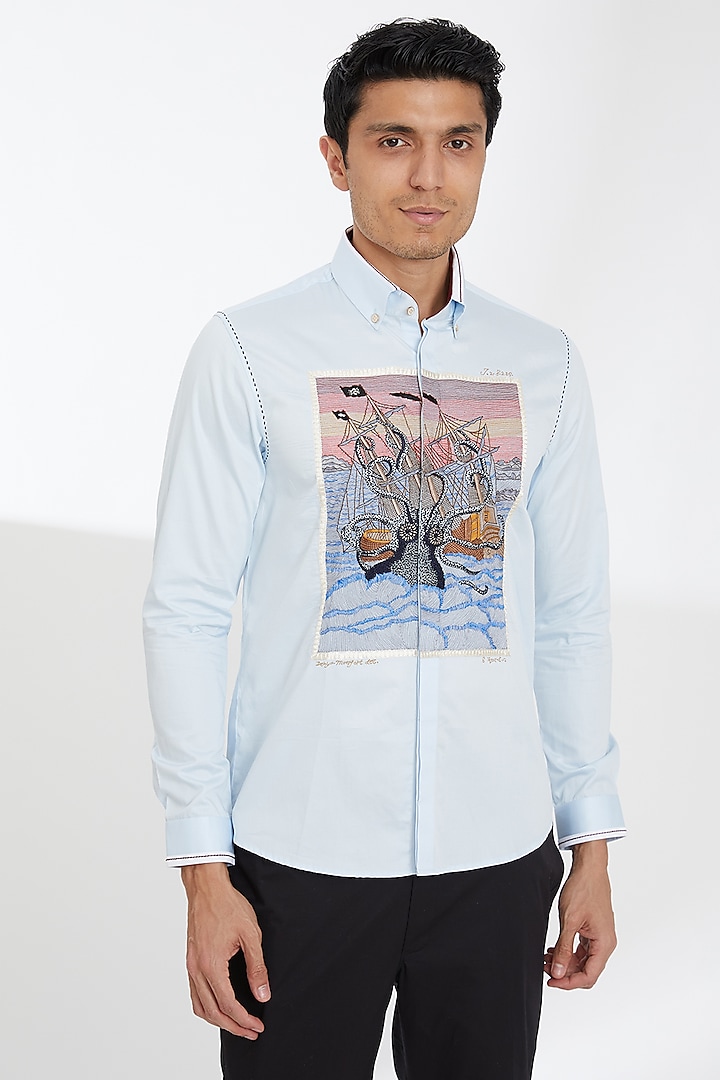 Powder Blue Cotton Embroidered Shirt by Abkasa