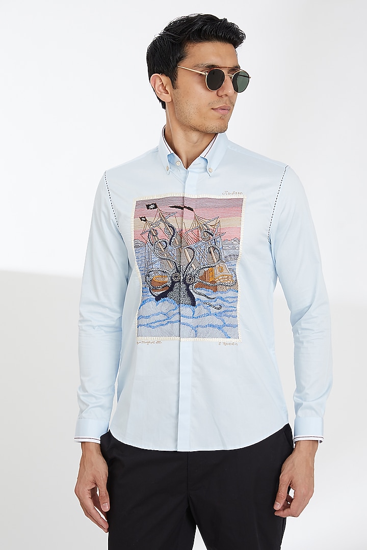 Powder Blue Cotton Embroidered Shirt by Abkasa at Pernia's Pop Up Shop