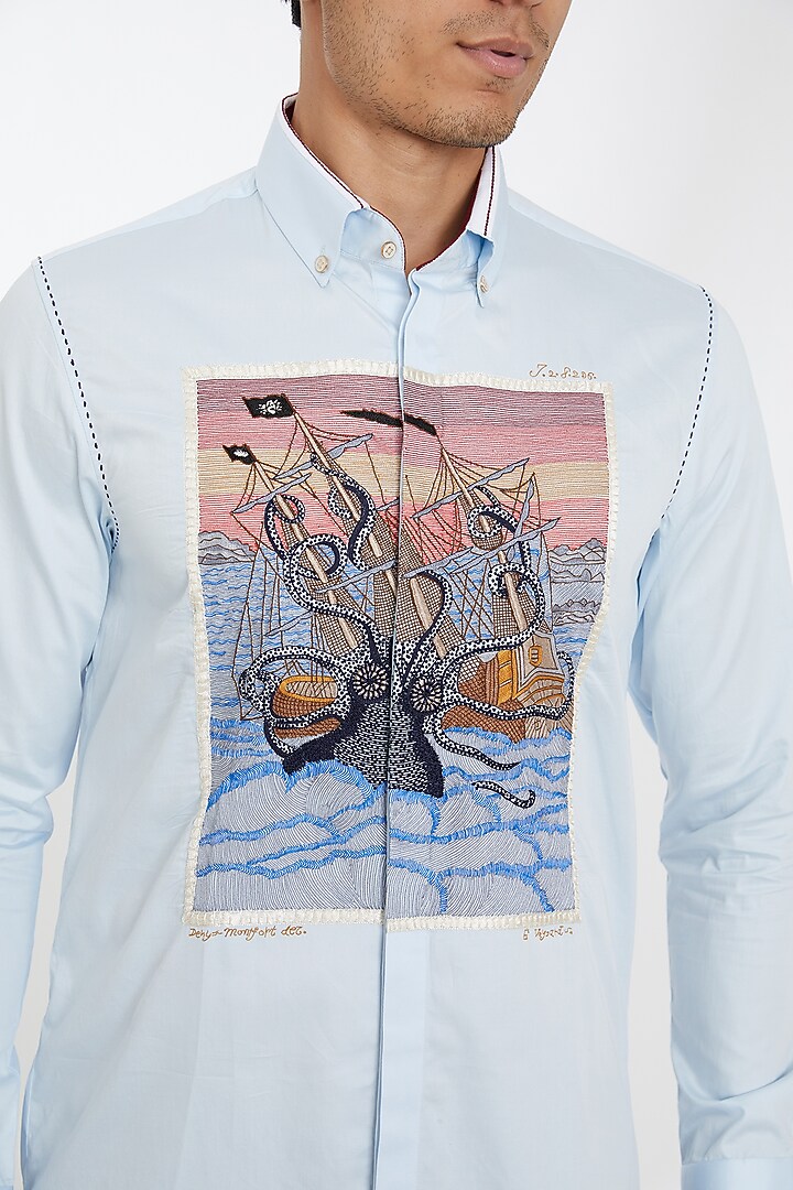 Powder Blue Cotton Embroidered Shirt by Abkasa at Pernia's Pop Up Shop