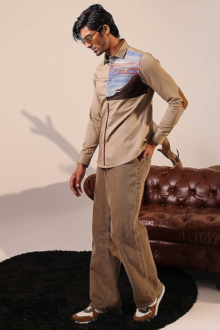 Beige Cotton Hand Embroidered Wedding Shirt by Abkasa at Pernia's Pop Up Shop