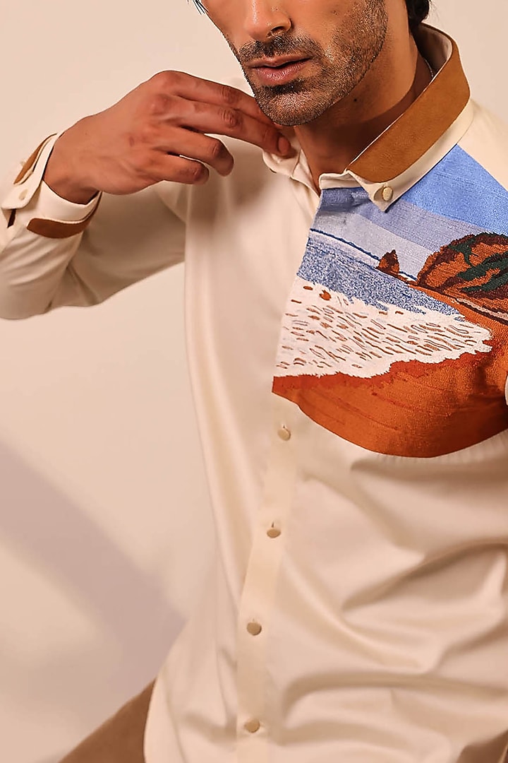 Cream Cotton Hand Embroidered Wedding Shirt by Abkasa at Pernia's Pop Up Shop