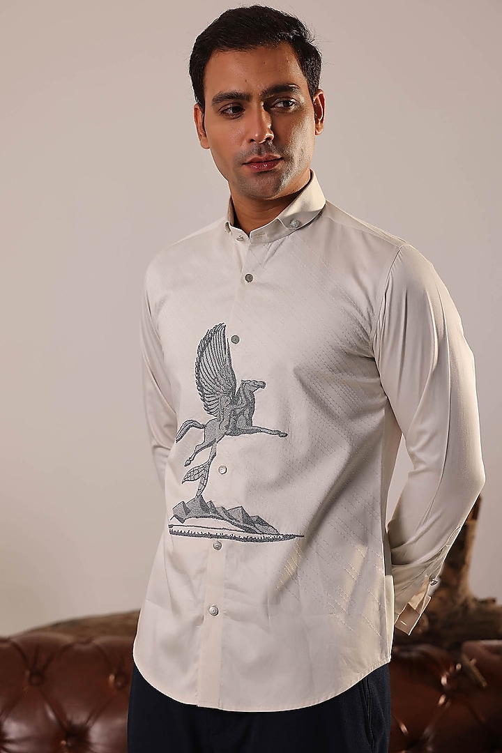 Light Grey Cotton Embroidered Shirt by Abkasa