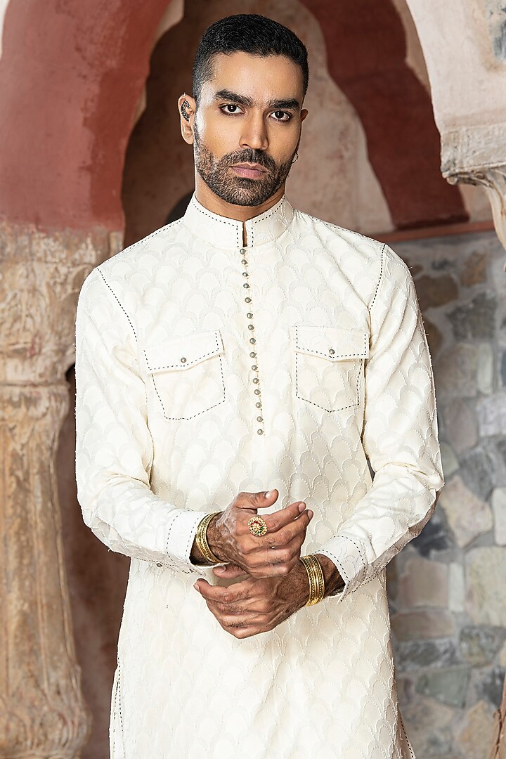 Cream Cotton Poly Blend Kurta Set by Abkasa at Pernia's Pop Up Shop
