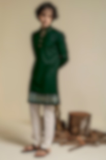 Olive Green Terry Rayon Hand Embroidered Kurta Set by Abkasa at Pernia's Pop Up Shop