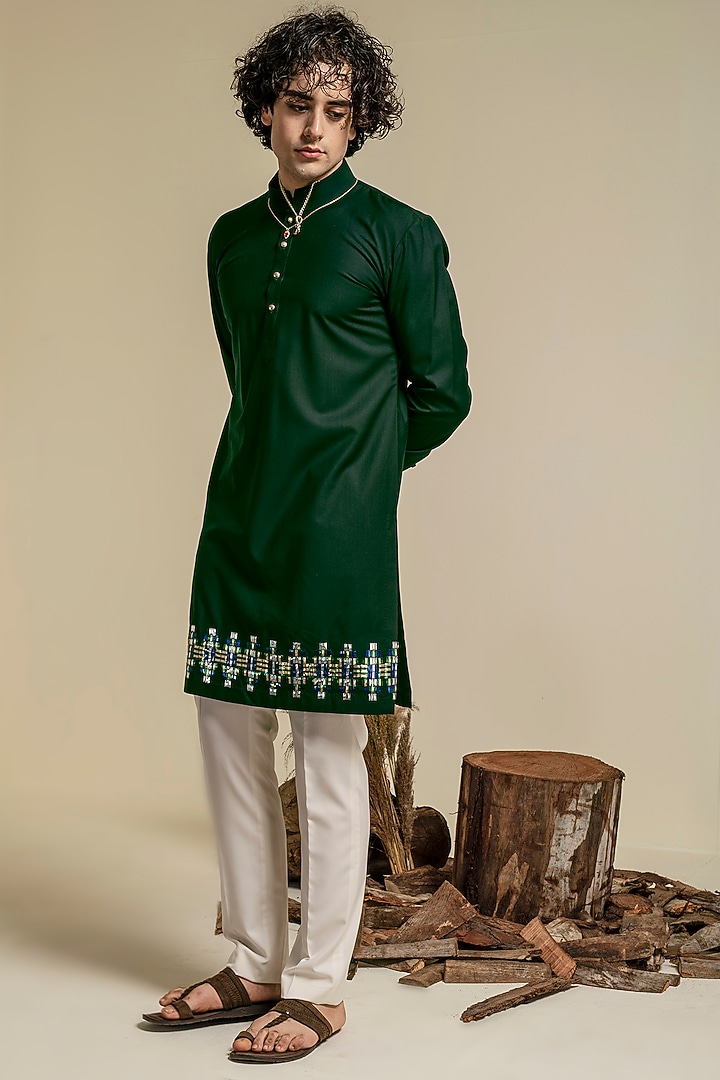 Olive Green Terry Rayon Hand Embroidered Kurta Set by Abkasa at Pernia's Pop Up Shop