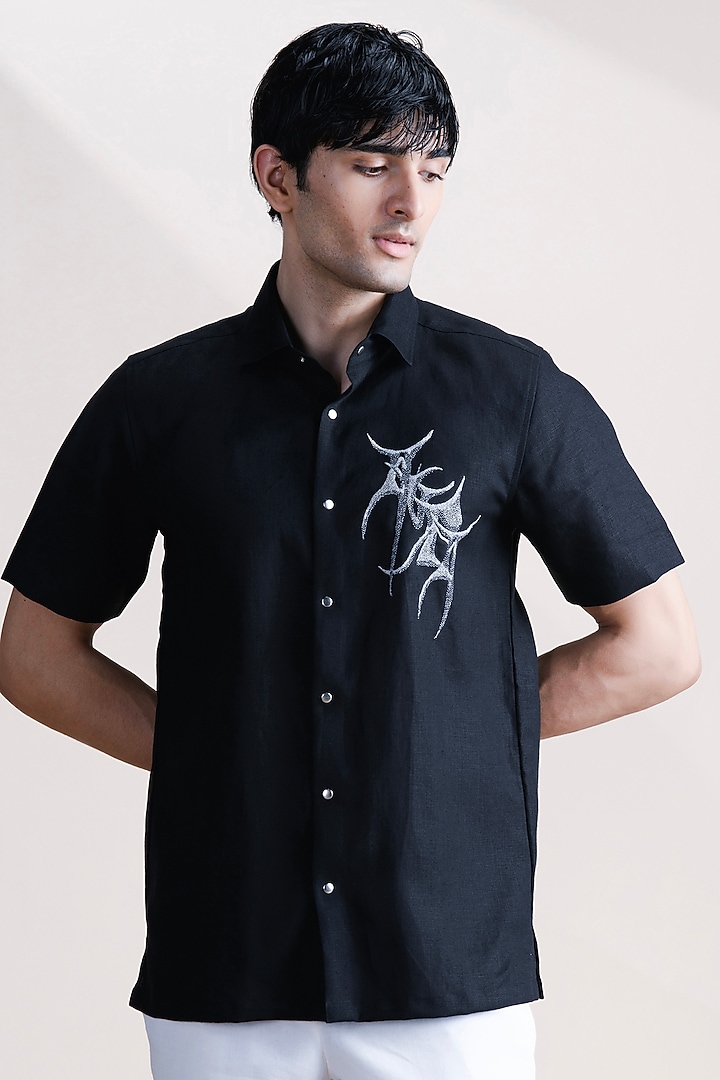 Black Linen Party Wear Shirt by Abkasa at Pernia's Pop Up Shop