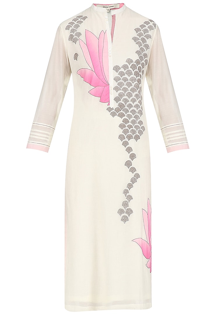 Ivory and Pink Lotus Applique Patchwork Tunic by Abhijeet Khanna