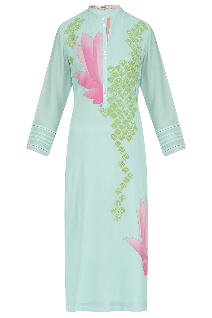 Mint and Pink Lotus Applique Patchwork Tunic by Abhijeet Khanna