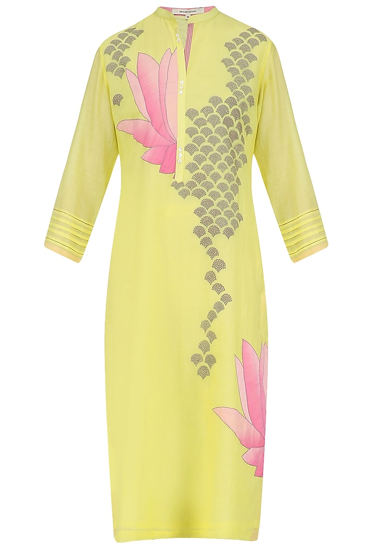 Yellow and Pink Lotus Applique Patchwork Tunic by Abhijeet Khanna