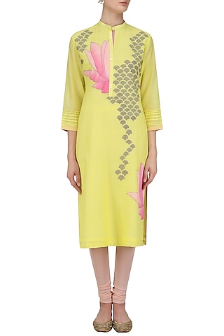Yellow and Pink Lotus Applique Patchwork Tunic by Abhijeet Khanna