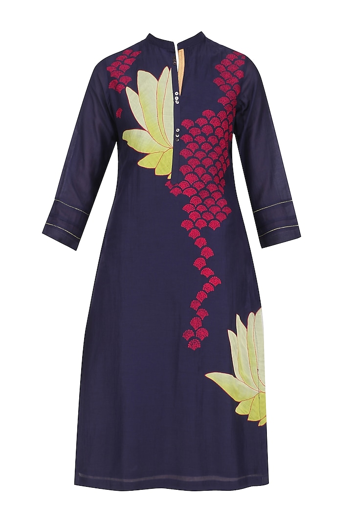 Indigo and Yellow Lotus Applique Patchwork Tunic by Abhijeet Khanna