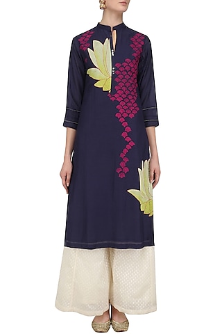 Indigo and Yellow Lotus Applique Patchwork Tunic by Abhijeet Khanna