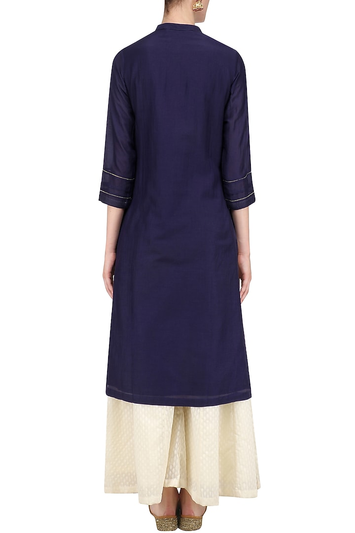 Indigo and yellow lotus applique patchwork tunic available only at Pernia's Pop Up Shop.