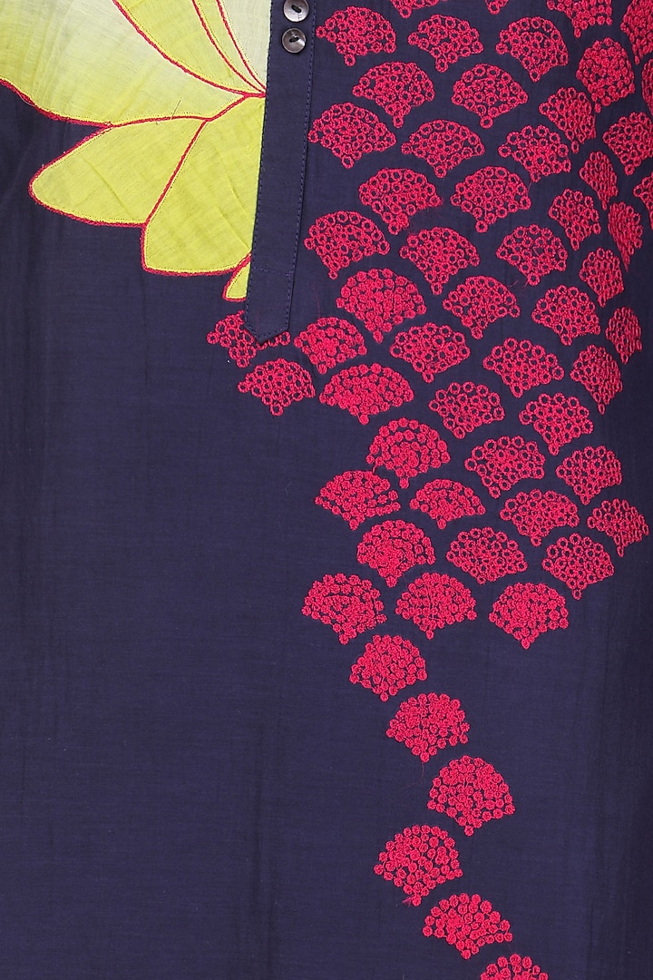 Indigo and yellow lotus applique patchwork tunic available only at Pernia's Pop Up Shop.