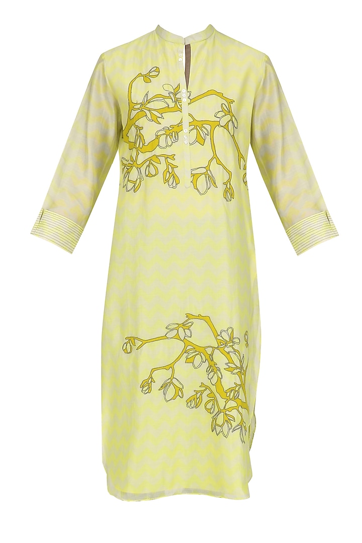 Yellow Digital Print and Applique Work Tunic by Abhijeet Khanna