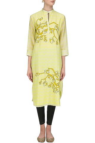 Yellow Digital Print and Applique Work Tunic by Abhijeet Khanna