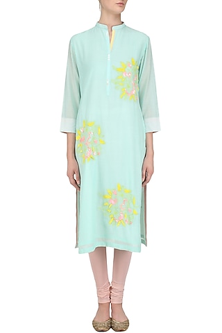 Mint Floral Motifs Embroidered Tunic by Abhijeet Khanna