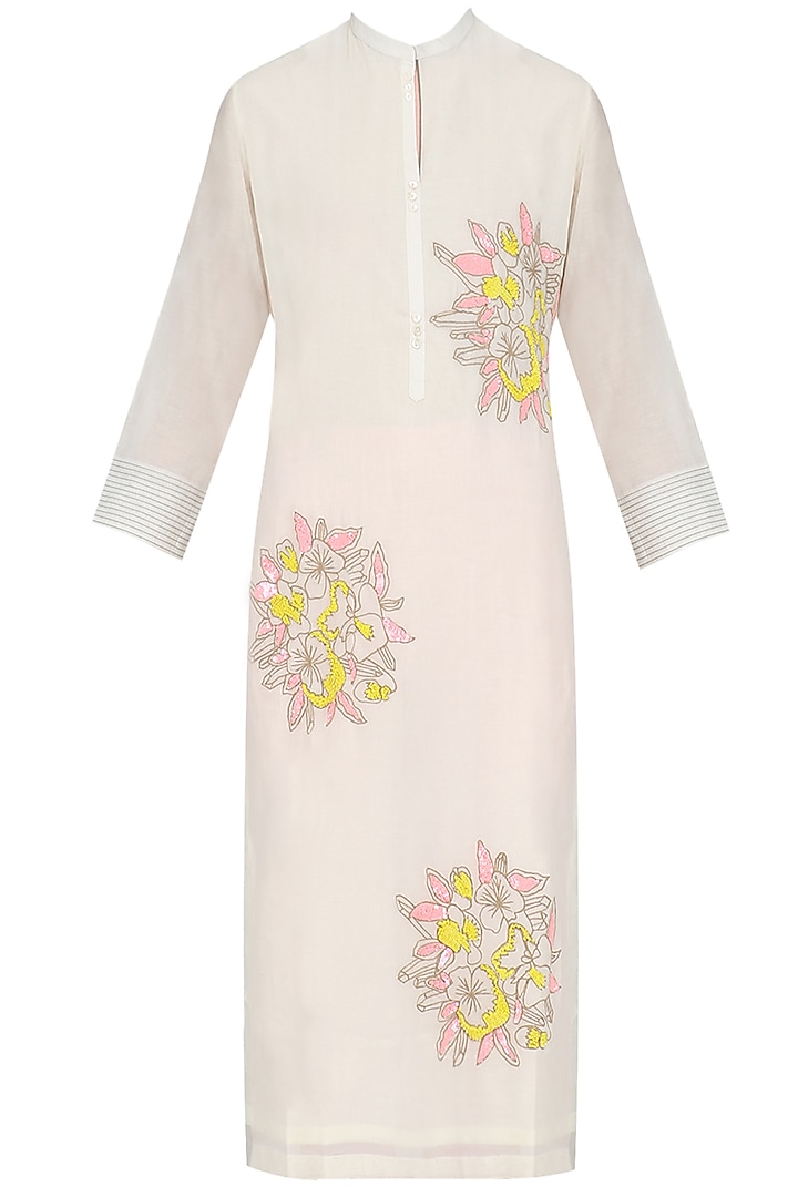 Ivory Floral Motifs Embroidered Tunic by Abhijeet Khanna