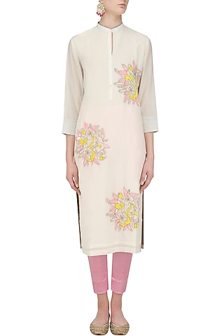 Ivory Floral Motifs Embroidered Tunic by Abhijeet Khanna